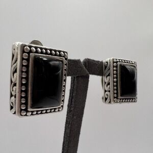 Sterling Silver 925 Black Stone Rectangular Clip On Earrings Scroll Filigree